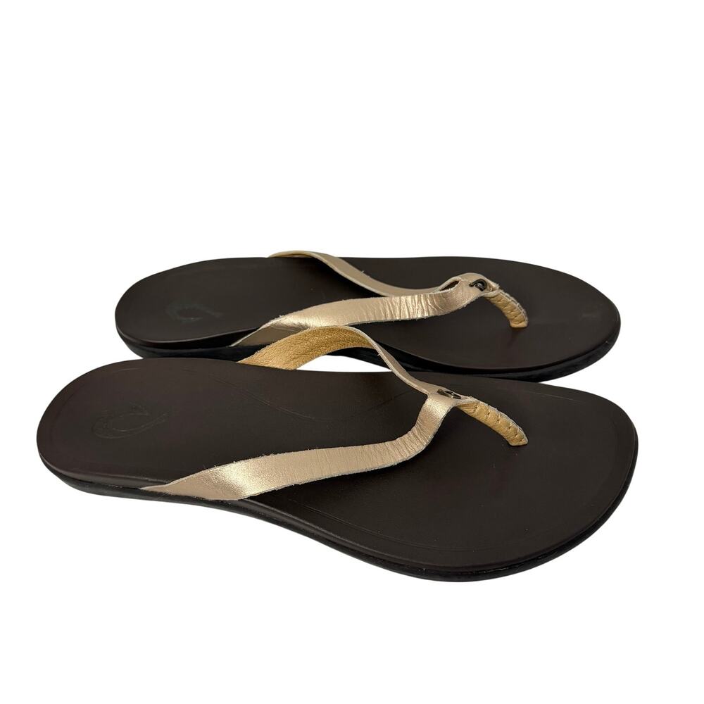 OluKai Sandals Women’s Size 8 Ho’opio Brown Leather Flip Flops Beach Slip On